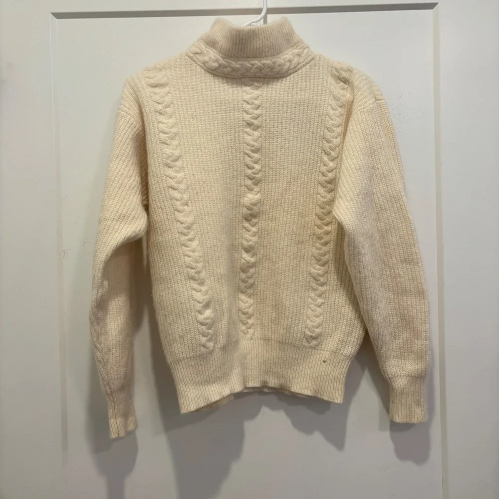 Le Moda Vintage Angora Lambswool Cable Knit Mock Neck Sweater Cream Women Medium